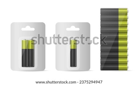 Two, ten Alkaline Battery in Paper Blister and Battery Icon Set Closeup Isolated. AA Size. Design Template for Branding, Mockup.