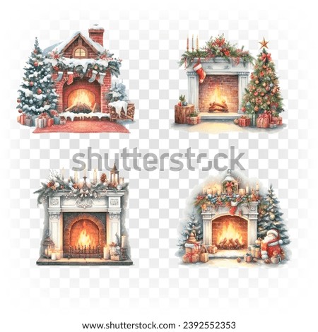 Set of Christmas watercolor fireplace elements. Holiday clipart for Christmas card, sticker and print.