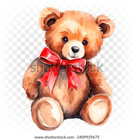Cute teddy bear, brown bear toy with red bow.