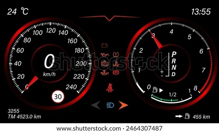 The digital dashboard of the car with the image of the speedometer and tachometer. Illustration of the design.