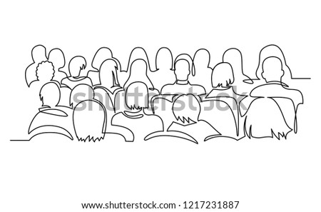 Continuous Line Drawing of Vector illustration character of audience in the conference hall background with blank space for your text and design. Outline, thin line art, hand drawn sketch.