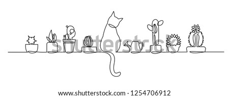 Continuous one Line Drawing of Vector Cute Cactus. Black and White Sketch House Plants with a cat and a watering can on the window sill. Isolated Potted Cactus Family Hand Drawn Illustration