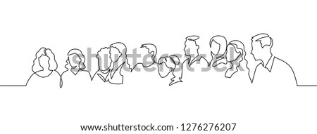 Group of people continuous one line vector drawing. Family, friends hand drawn characters. Crowd standing at concert, meeting. Women and men waiting in queue. Minimalistic contour illustration ストックフォト © 