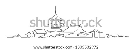 Japanese Buddhist temple continuous one line vector drawing. Pagodas hand drawn silhouette. Traditional shrine, oriental architecture panoramic landscape. Isolated minimalistic illustration