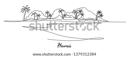 Hawaii landscape continuous one line drawing. Mountains, palms, seaside black ink hand drawn illustration. Summer vacation destination, travelling, exotic islands. Contour tropical scenery