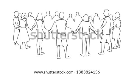 Unity, friendship continuous single line drawing. People, friends holding hands together. Community cooperation, society connection. Support, teamwork, round dance. Hand drawn outline illustration