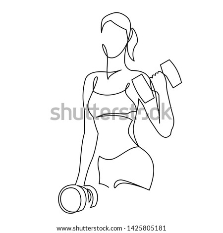 Woman lifting weights continuous one line drawing. Female bodybuilder vector hand drawn silhouette clipart. Lady working out. Gym training illustration. Squats with barbell linear design element