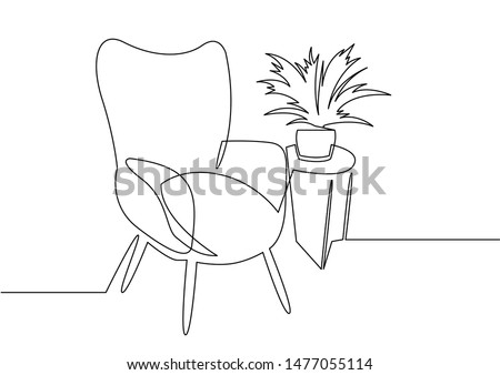 Continuous one line drawing armchair. Stylish office interior, chair and home plant vector hand drawn silhouette clipart. Sketch of scandinavian furniture design isolated on white backg