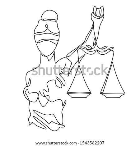 Themis statue holding scales balance continuous one line drawing. Symbol of justice and order contour clip art. Libra or law identity concept simple vector illustartion isolated on white background.