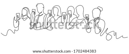 Group of people holding smartphone, making online stories or streaming in social networks. Crowd standing with phones in their hands continuous one line vector drawing. Women and men at concert