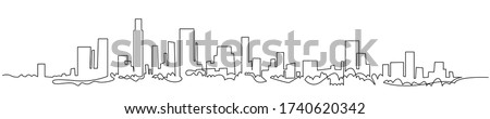 Modern cityscape continuous one line vector drawing. Metropolis architecture panoramic landscape. New York skyscrapers hand drawn silhouette. Apartment buildings isolated minimalistic illustration.