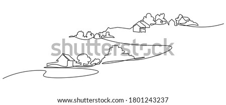 Rural landscape continuous one line vector drawing. Hills, house, trees and road hand drawn silhouette. Country nature panoramic sketch. 