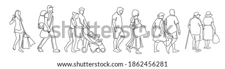 Continuous one line drawing of urban residents walking on city street. Group of different people walking city background. Casual townspeople crosses the road in one way hand drawn vector illustration