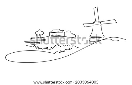 Rural Italian landscape continuous one line vector drawing. Hills, house, trees, mill and lake hand drawn silhouette. Country nature panoramic sketch