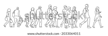 One line drawing of urban residents walking on city street. Group of different people walking city background. Casual townspeople crosses the road in one way hand drawn vector illustration