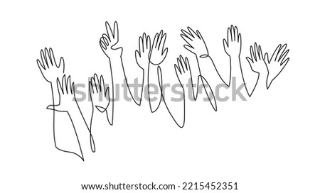 Cheerful crowd continuous one line vector drawing. Hands raised up isolated on white background. Group of applause people silhouette hand drawn.