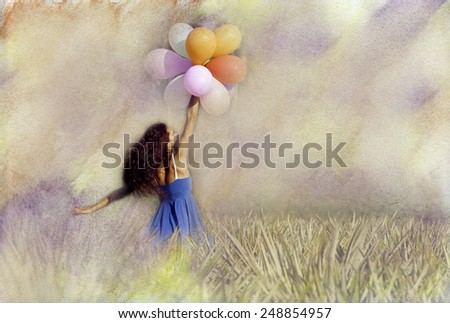 The young woman flying with balloons. Vintage filter