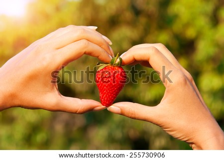 strawberry in heart shape woman\'s hands on the trees background