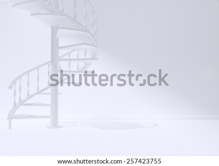 Empty white room with circular staircase, interior design. 3D render