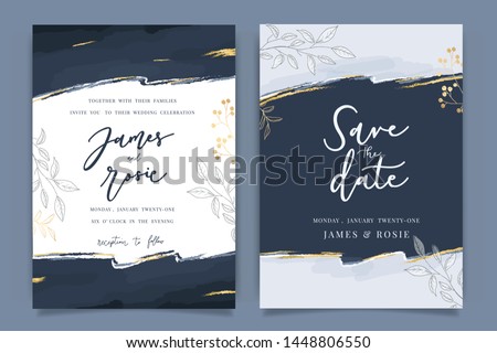 Indigo Blue Set Card Wedding Invitation, floral invite thank you, rsvp modern card Design in Golden flower with leaf greenery  branches decorative Vector elegant rustic template