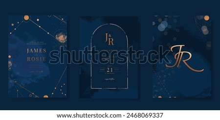 Navy Blue Luxury Wedding Invitation, start invite thank you, rsvp modern card Design in Night sky with  little star moon sun and space decorative Vector elegant rustic template