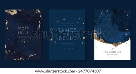 Navy Blue Luxury Wedding Invitation, start invite thank you, rsvp modern card Design in Night sky with  little star moon sun and space decorative Vector elegant rustic template