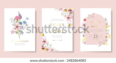 Elegant wedding invitation card background vector. Minimal hand painted watercolor botanical flowers texture template background. Design illustration for wedding, vip cover, poster, rsvp modern card.