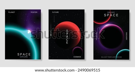 Planet and galaxy Space card vector set. Solar system with galaxy planets, asteroids, jupiter, saturn, mars, moon, ring line solar. Cosmic design for flyer, brochure, background, poster, cover.