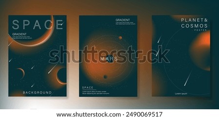 Planet and galaxy Space card vector set. Solar system with galaxy planets, asteroids, jupiter, saturn, mars, moon, ring line solar. Cosmic design for flyer, brochure, background, poster, cover.