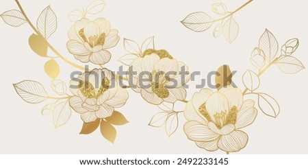 Luxury golden peony flower line art on white background vector. Natural botanical elegant flower with gold foil texture. Design illustration for decoration, wall decor, wallpaper, cover, banner.