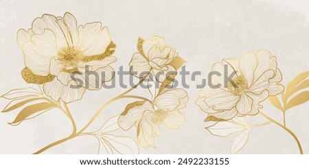 Luxury golden peony flower line art on white background vector. Natural botanical elegant flower with gold foil texture. Design illustration for decoration, wall decor, wallpaper, cover, banner.