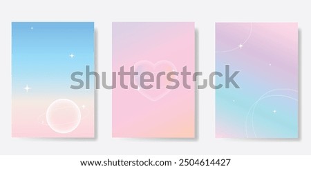 Abstract pastel gradient background vector set. Minimalist style cover template with heart, saturn, sparkle. Modern wallpaper design perfect for poster, flyer, social media, card, prints.