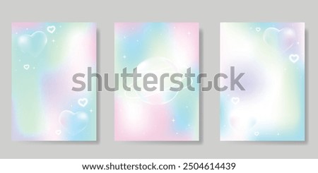 Abstract pastel gradient background vector set. Minimalist style cover template with heart, saturn, bubble. Modern wallpaper design perfect for poster, flyer, social media, card, prints.