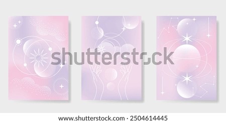 Abstract pastel gradient background vector set. Minimalist style cover template with planet, star, hand, sparkle. Modern wallpaper design perfect for poster, flyer, social media, card, prints.