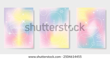 Abstract pastel gradient background vector set. Minimalist style cover template with planet, star, saturn, sparkle. Modern wallpaper design perfect for poster, flyer, social media, card, prints.