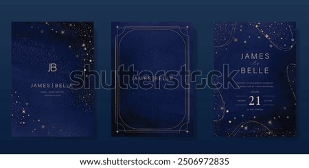 Luxury invitation card design vector set. Elegant wedding card with little star moon sun and space decorative on watercolor navy blue background. Design illustration for cover, poster, gala.