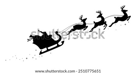 Santa Claus on sleigh flying sky with reindeers black vector silhouette on white background. illustration design for winter holiday decoration, Christmas greeting card and Happy new year.