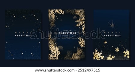 Luxury gold christmas invitation card design vector. Christmas pine leaves, snowflake with gold foil and spot texture on navy blue background. Design illustration for cover, print, poster, ads.