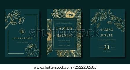 Luxury wedding invitation card vector template. Green background with gold line art, flower, leaves branches, foliage. Design illustration for vip cover, poster, rsvp modern card.