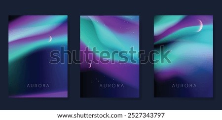 Modern gradient poster aurora design vector set. Minimalist cover template with vibrant northern light, moon collection. Ideal design for background, social media, cover, banner, flyer, ads.