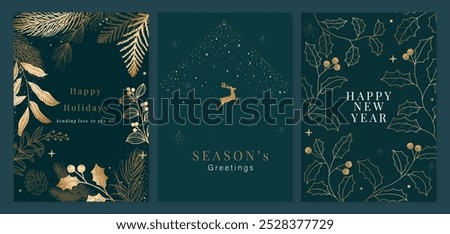 Luxury Happy Holidays invitation card design vector. Elegant Happy New Year card with leaves branch, snowflake, gold foil texture on red background. Design for Season's Greeting, christmas, cover.