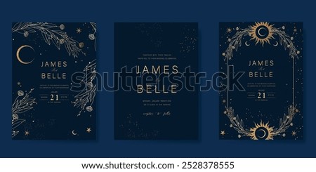 Luxury invitation card design vector set. Elegant wedding card with little star moon and foliage decorative on navy blue background. Design illustration for cover, poster, gala.