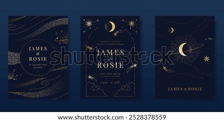 Luxury invitation card design vector set. Elegant wedding card with little star moon sun and space decorative on navy blue background. Design illustration for cover, poster, gala.