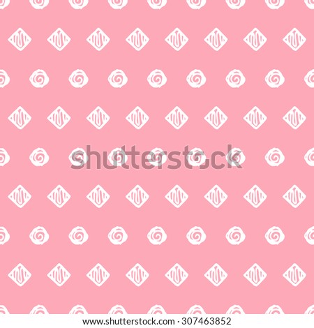 Abstract seamless pattern with simple hand drawn circles and squares. Elegant background for cards, textile, print or wrapper paper. Pink and white endless pattern.