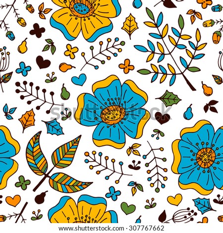 Floral colorful seamless pattern with hand drawn doodle elements. Hand drawn flowers, leafs and hearts. Background for textile, cards, wrapping paper or poster.