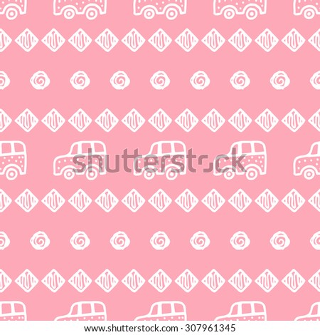Seamless pattern with hand drawn cars, squares and circles. Elegant background for cards, textile, print or wrapper paper. Pink and white endless pattern.