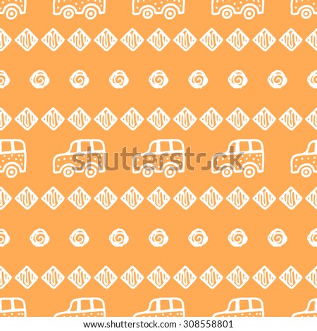 Seamless pattern with hand drawn cars, squares and circles. Elegant background for cards, textile, print or wrapper paper. Orange and white endless pattern.