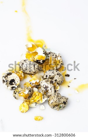 quails eggs crushed on white background, close up