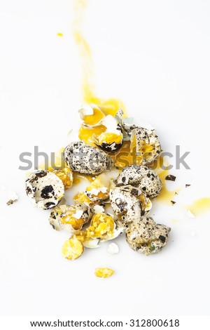 quails eggs crushed on white background, close up