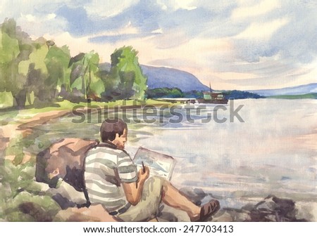 The scenery. People draws on the river. Artist. Man. The paintings. Watercolor